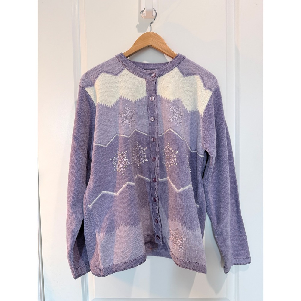 Jenny Women XL Purple Snowflake Sequin Cardigan Sweater Knit Button Front NWT